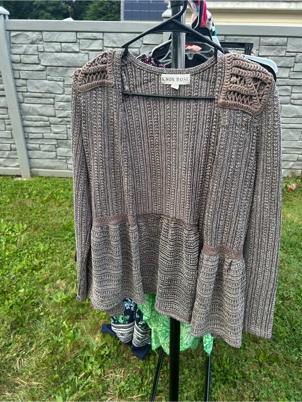 Knox Rose Taupe Crochet-Shoulder Peplum Knit Cardigan